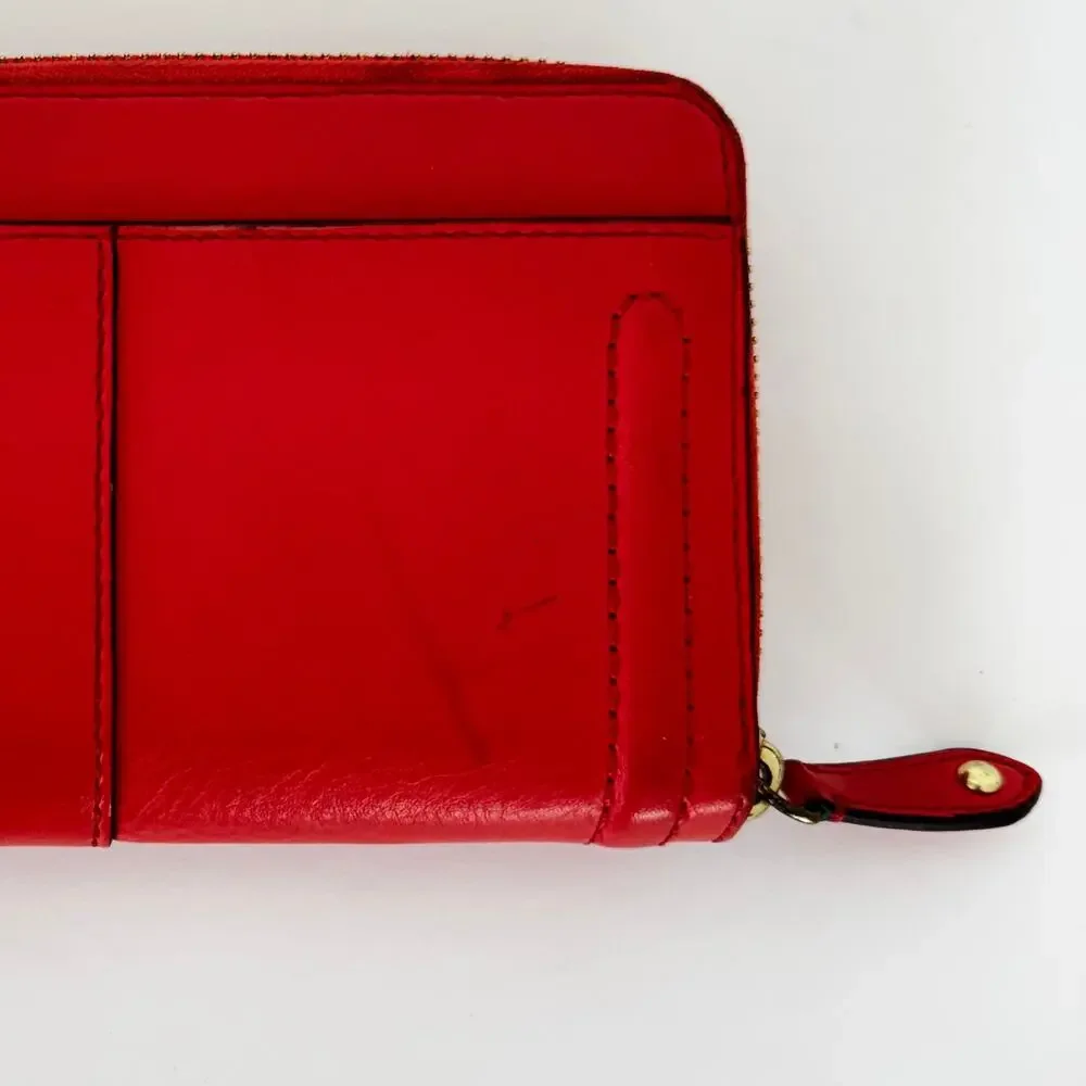 Coach Campbell Zip Around Leather Accordion Wallet in Red with Buckle Accent